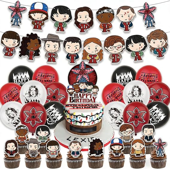 Stranger Birthday Decorations, 42 Pcs Party Supplies Gifts for Stranger Merchandise Happy Birthday Banners Balloons Cake Topper Cupcake Toppers TV Series Inspired Party Bags