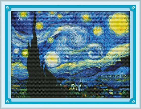 IUHUI 14CT Stamped Cross Stitch Kit for Beginners Adults Preprinted by Van Gogh Starry Sky DIY 14ct Embroidery Sewing Starter Kit Needlework Easy Pattern Famous Painting
