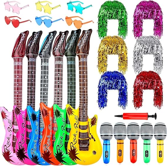 25Pcs Inflatable Party Props Set, Inflatable Instruments Guitar Microphone Set, 6 Foil Tinsel Wig, Eyeglasses, Colorful Party Photo Booth Props Decorations for Adults