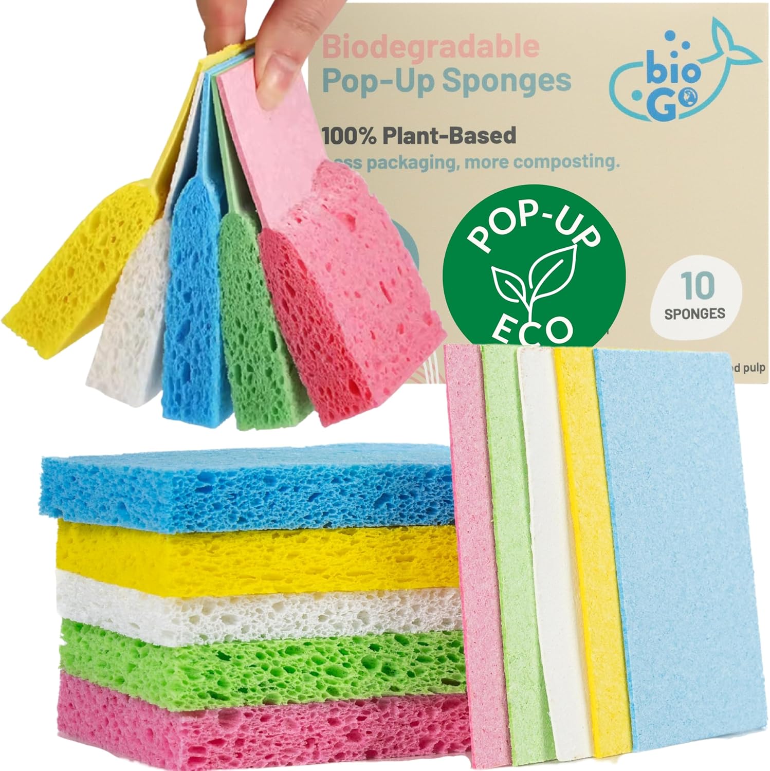 bioGo 10 Pack Compostable Pop-Up Sponges - Expanding, Non-Scratch, Plant-Based Dish Sponges - Washing Up Sponge - Cellulose Kitchen Sponge - Compostable Sponge