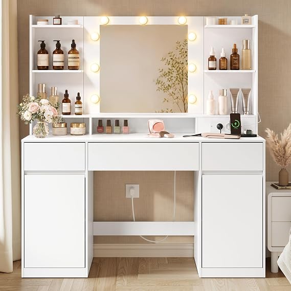VASAGLE Vanity with LED Mirror, Tool-Free Assembly, 3 Drawers