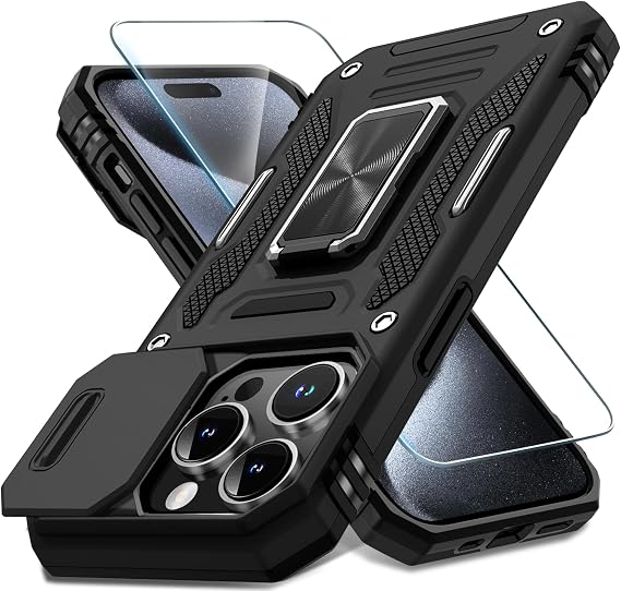 DEERLAMN Case for iPhone 15 Pro Max with Slide Camera Cover+Screen Protector(1 Pack), Rotated Ring Kickstand Military Grade Shockproof Protective Cover 6.7 Inch-Black