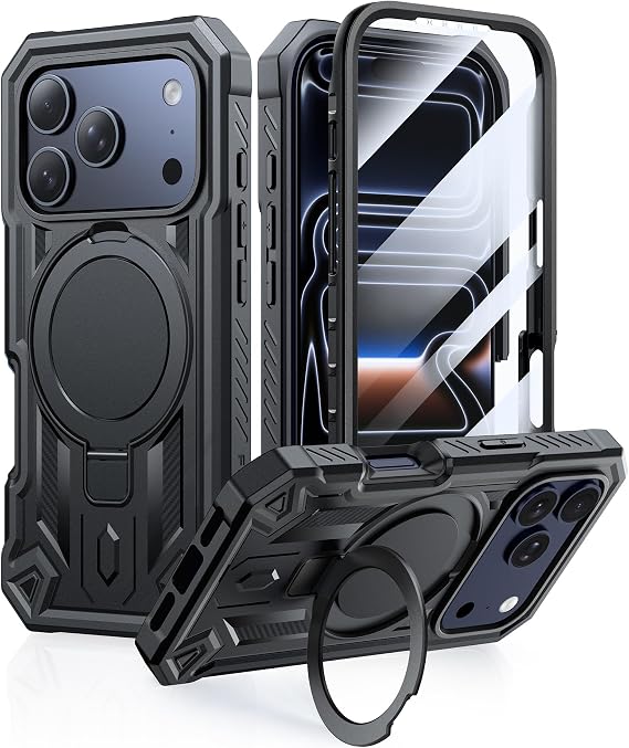 iPhone 17 Pro用FNTCASE ケース:内蔵スクリーンプロテクター付き磁気スタンドケース | リングキックスタンド ミリタリーグレード 耐衝撃 保護 頑丈な携帯電話カバー | ヘビーデューティーケース - 6.3インチ ブラック