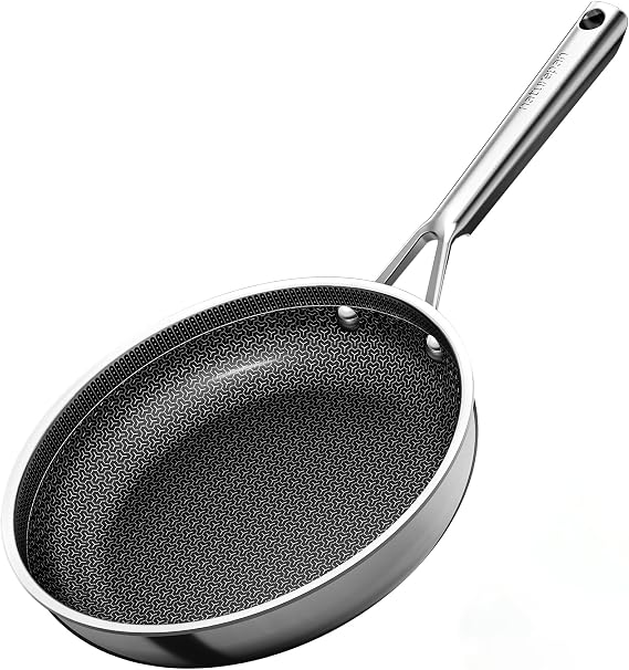 Hybrid Ceramic Frying Pan 24cm, 5-Ply Diamond-Titanium Nonstick Stainless Steel Pan, Hexagon Surface, Dishwasher/Oven Safe