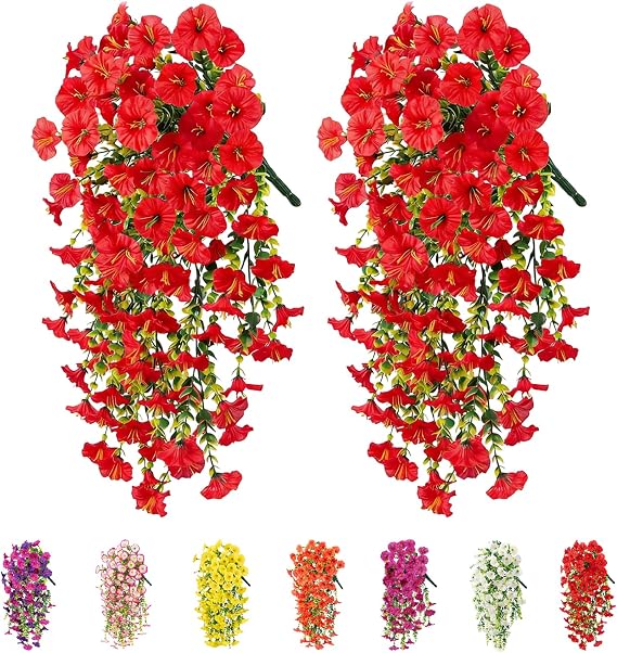 2Pcs Artificial Hanging Flowers Outdoor, Fake Trailing Plants Morning Glory Decoration UV-Resistant for Hanging Baskets - Spring Decor Garden Porch Wedding , Drooping Design for Pots & Patio (Red)