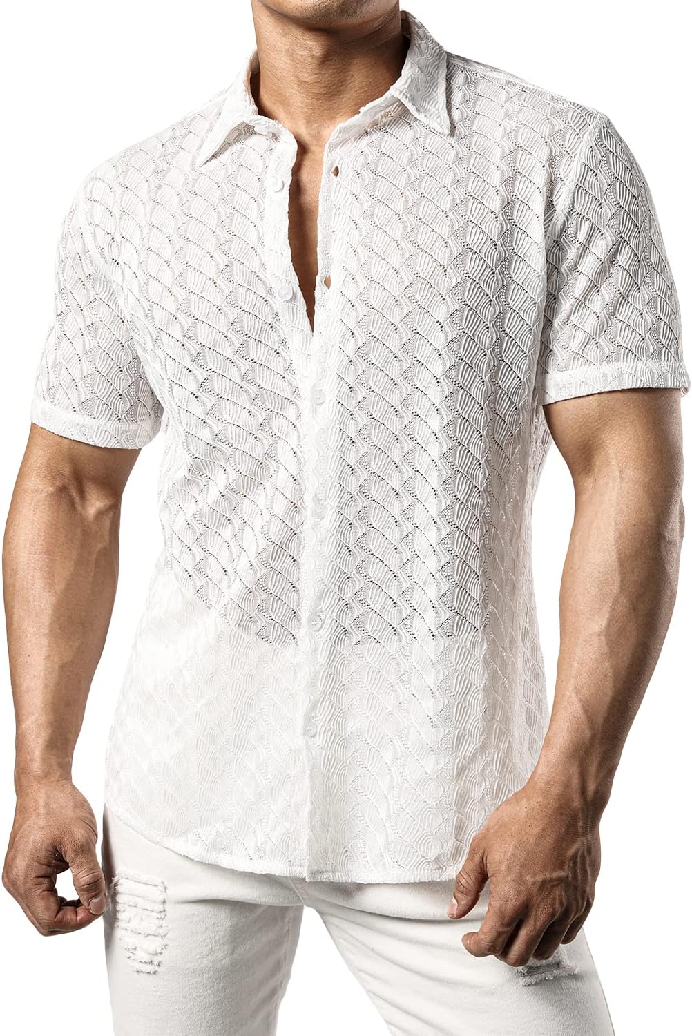 JOGAL Mens Shirt Transparent Short Sleeve Casual Shirt Men Lace Shirt Summer Casual Lace Shirt Outfit