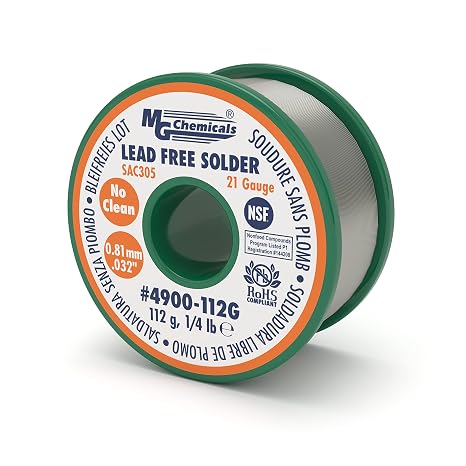 MG Chemicals SAC305, 96.3% Tin, 0.7% Copper, 3% Silver, No Clean Solder, 0.032" Diameter, 1/4 lbs Spool, 4900-112G