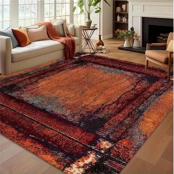 Vintage Abstract Area Rug, 180x230cm Rustic Distressed Country Style Brown Washable Rugs, Soft Non-Slip Durable Carpet Mat Perfect for Living Rooms Bedrooms Dining Rooms and Bathrooms