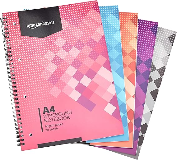 Amazon Basics Wirebound Notebook, 70 Sheets / 140 Pages, A4, 90gsm, 5-Pack, Assorted Colours