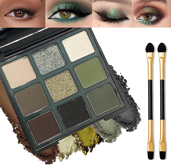 Green Cat-eye Eyeshadow Palette, 9 Colors Matte & Glitter, Highly Pigmented, Long-Lasting & Waterproof, Easy to Apply, Ideal for Smokey Eye Daily Makeup Includes Brushes