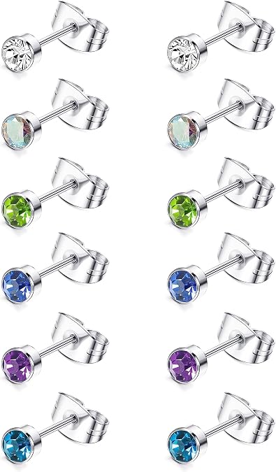 JeweBella 6 Pairs Implant Grade G23 Titanium Stud Earrings for Women Men