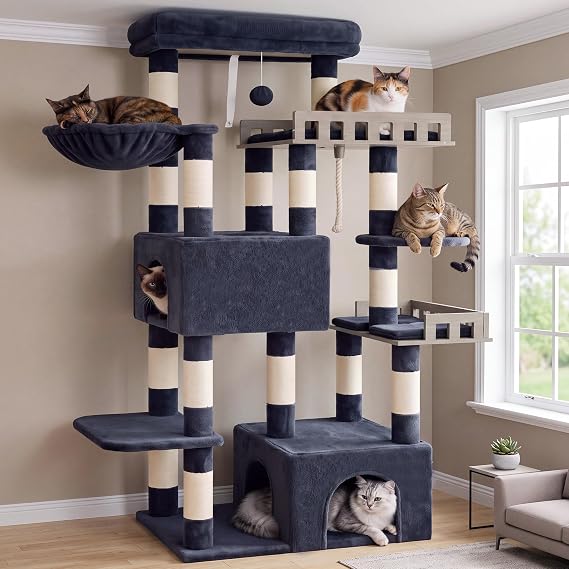 Gitelsnour Cat tree, Heavy-duty Cat Tower for Large Adult Cats, Main Coon Cat Tree Tower with Hammock, 2 Big Perches, 2 Cat Condos forIndoor Cats 20 lbs+, 15 Scratching Posts, Smoky gray GCT033G