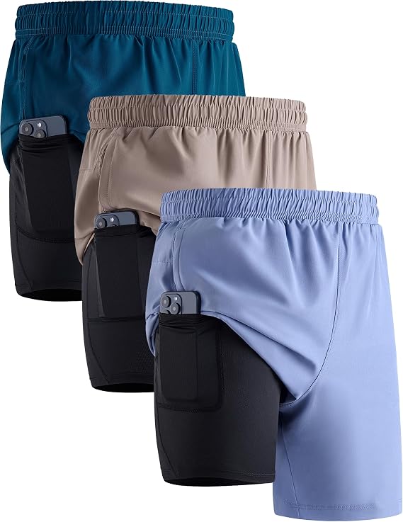 3 Pack: Men's 7" Running Shorts with Compression Liner Pockets, Athletic 2 in 1 Shorts for Workout Gym Quick Dry