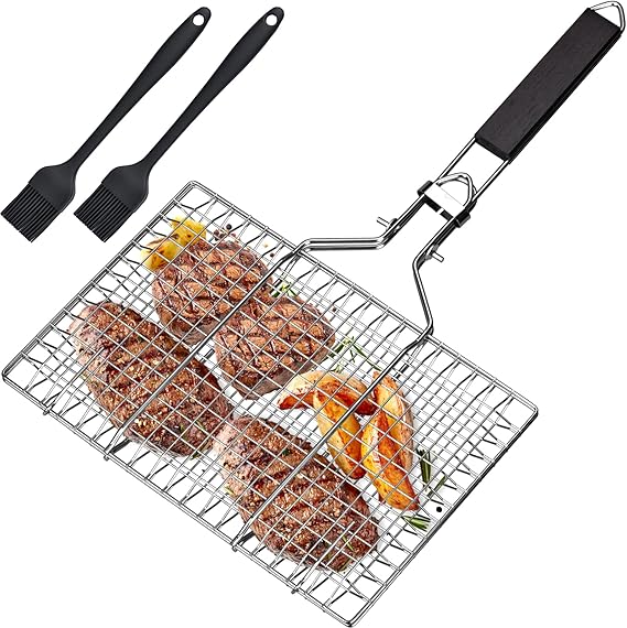 BBQ Basket for Fish and Vegetables - Stainless Steel Barbecue Tray, Foldable, Portable, with Oxford Bag and 2 Silicone Brushes