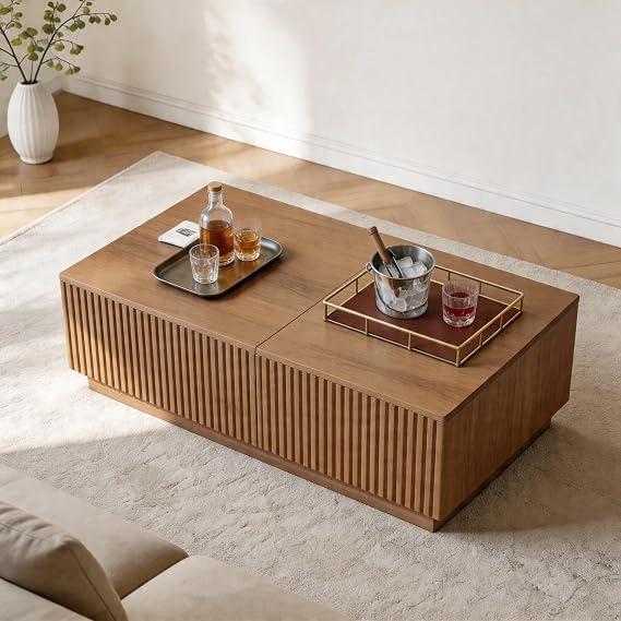 Modern Walnut Coffee Table with 2 Drawers & Lift Top, High-Leg Design for Easy Cleaning, 130x70x49cm (Walnut, 130 * 70 * 48cm （Floor-standing grid version）)