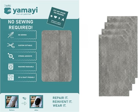 Texfix Yamayi, Ütü ile Yapışan Yama, Yapışkanlı Yama, 4 adet 30 cm x 15 cm, Yıkamaya Dayanıklı, Dikiş Gerektirmez (Gri)