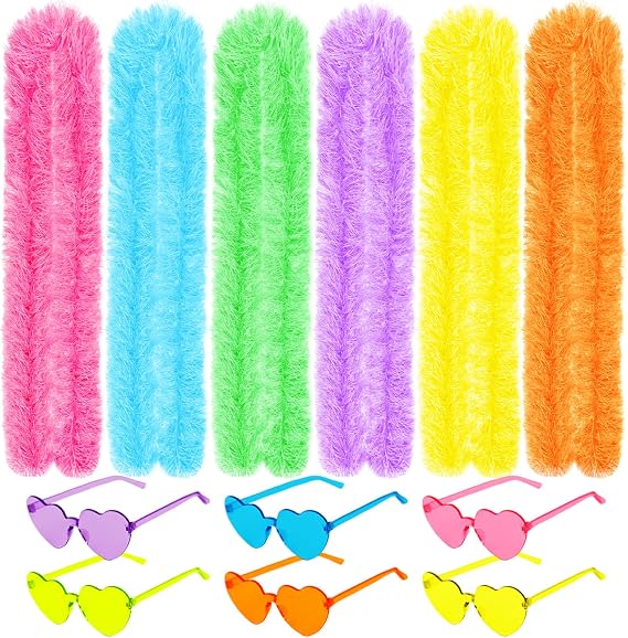 12PCS Feather Boas Party Pack with 6 Artificial Feather Boas 6.6ft and 6 Heart Sunglasses for Birthday Christmas Party