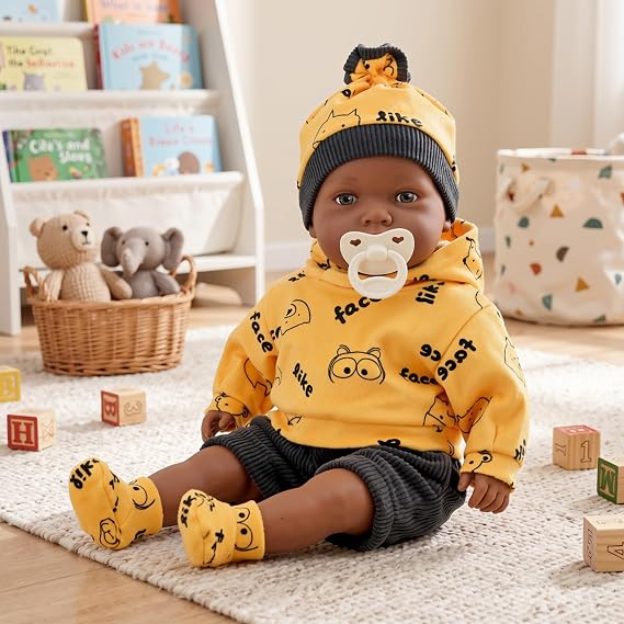 The Magic Toy Shop BiBi Doll 18" Eshe Black Baby Doll with 16 Realistic Sounds – Soft Body with Vinyl Head & Limbs – Ethnic, Brown Eyes, Yellow Outfit, Dummy – for Girls & Boys