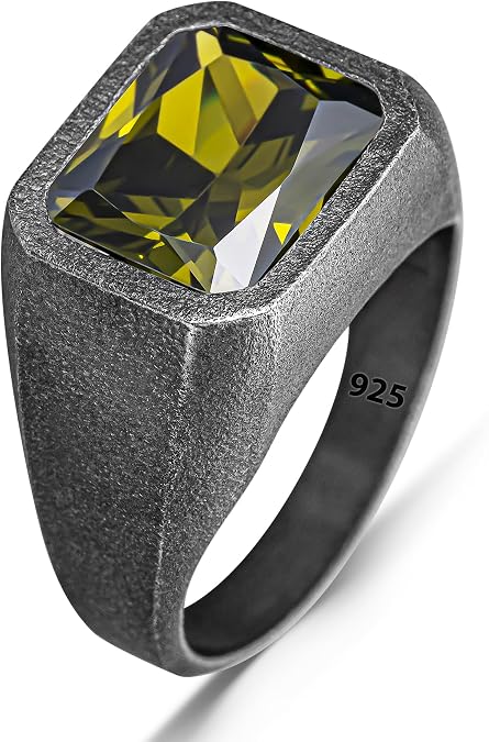 925 Sterling Silver Basic Oxidized Rectangle Green Checkerboard Peridot Olivine Stone Men's Ring