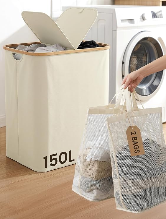 Double Laundry Basket with Lid: 2 Compartments - Sort Laundry as You Go