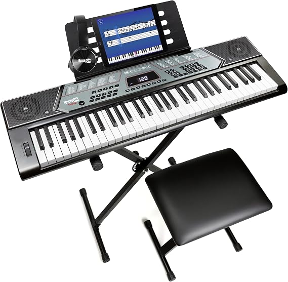 RockJam 61 Keys Piano Keyboard with Pitch Bend, Stand, Bench, Headset, Notes & Lessons Stickers