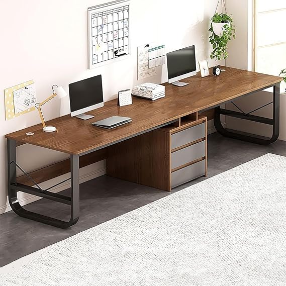 Double Desk, Extra Long Computer Desk, Desk with Drawers, Home Office Double Workstation, Large Wooden Computer Desk, Writing Desk, Modern Home Desk Dark Wood,200cm