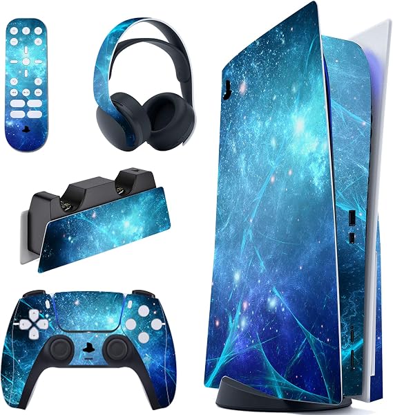 PlayVital Blue Nebula Full Set Skin Decal for ps5 Console Disc Edition,Sticker Vinyl Decal Cover for ps5 Controller & Charging Station & Headset & Media Remote