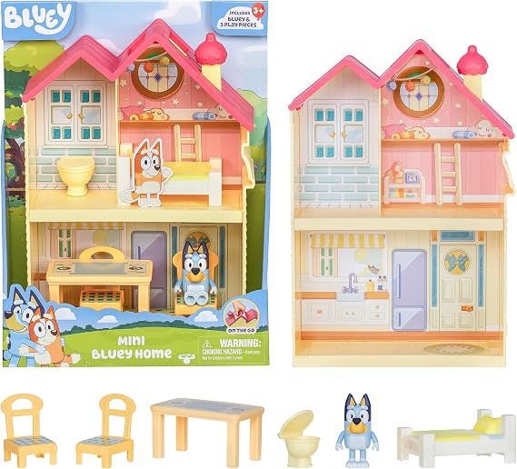 BlueY Blueys Family Home Mini Play Set Compact Family Home Playset with Carry Handle Three Different Rooms Kitchen Bedroom and Bathroom Includes Figure and 5 Toys