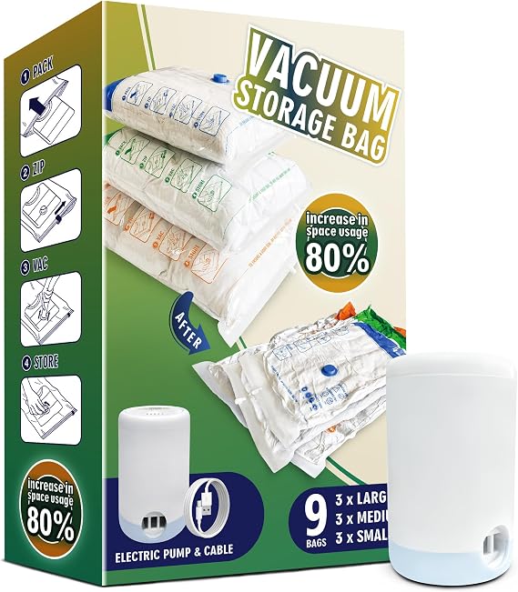 STORAGE MASTER Space Saver Bags for Travel and Home Reusable, 9 Pack Vacuum Storage Bags Save 80% More Storage Space, with Electric Air Pump