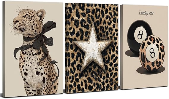 Set of 3 Beige Fashion Wall Art Aesthetic Room Decor Funky Leopard Pictures Wall Decor Minimalist Lucky 8 Ball Canvas Posters Trendy Preppy Paintings Artwork for Bedroom Living Room Decoration 12x16”