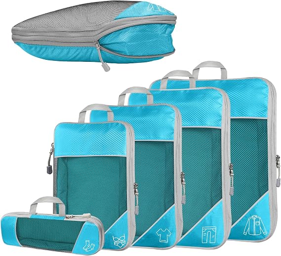 5-Piece Compression Packing Cube Set for Travel, Compression Packing Cube for Organising Your Travel Luggage, Ultralight, Storage Bag, Suitcase Organiser, for Backpack & Suitcase (Blue)