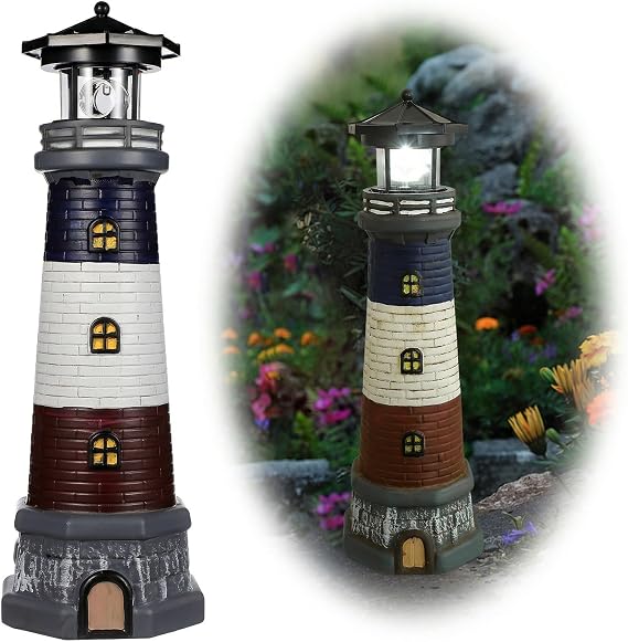 DOITOOL Solar Powered Lighthouse, 37.5cm Tall Solar Lighthouse with Rotating Beacon, Outdoor Solar LED Rotating Lighthouse Light Lighthouse Statue for Garden Lawn, Black