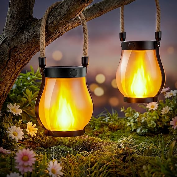 2 Pack Solar Flame Hanging Lanterns, Dual Charging Solar Lights [Energy Class A+]