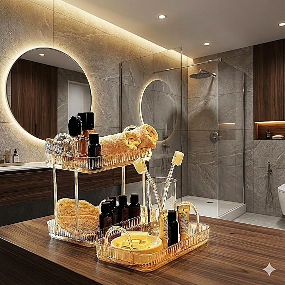 Bathroom Organizer Organizer Bathroom Shelf (Amber Yellow, Single + Two Tiers Set)