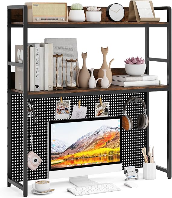 SFAREST Computer Desktop Bookshelf, 2-Tier Industrial Hutch Bookcase with Pegboard, Multipurpose Countertop Hutch and Desk Storage Organizer for Office Study Game Room