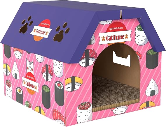 PawHut Cat Scratching Board, 2-in-1 Cardboard Cat House with Door Pink