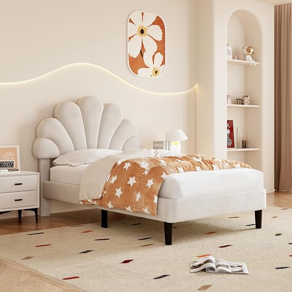 Merax Single bed frame, 3ft Single Upholstered Bed, Adjustable Chic Petal Headboard, Sturdy Wooden Slat Support, Velvet Fabric (No Mattress), Beige+Velvet/90CM*190CM