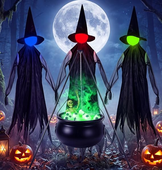 Halloween Witch Decorations Outdoor, Set of 3 51" Multicolored Lighted Witch Yard Stakes with Cauldron on Tripod, Halloween Decor for Lawn Garden Porch Pathway Haunted House Party Props