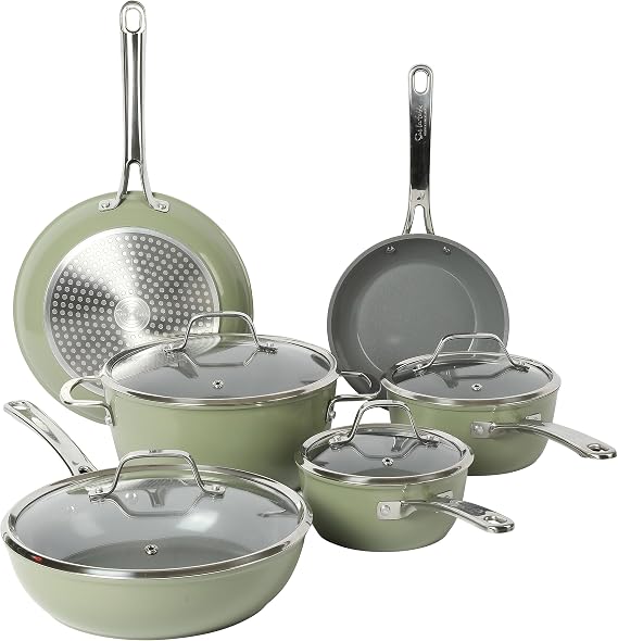 Sur La Table Kitchen Essentials PFA Free Non-Toxic Titanium Ceramic Nonstick Interior Forged Aluminum Cookware Pots and Pans Set, Green, Induction Safe