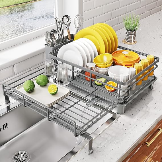 SNTD Expandable Dish Drying Rack for Kitchen Counter, Stainless Steel, Grey