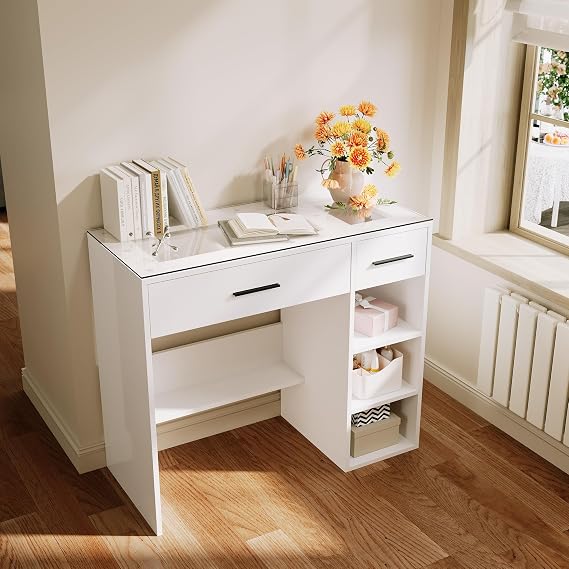 ELEGANT White Dressing Table with Glass Top and 2 Drawers, 90Wx40Dx77Hcm