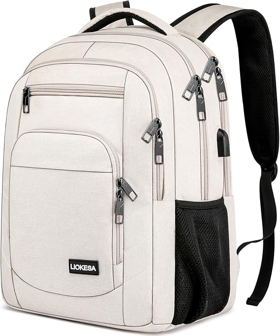 Backpack Men 15.6 Inch Waterproof School Backpack Boys Teenagers for School Work Backpack with USB Charging Port for Hiking Travel School Business Oxford Beige