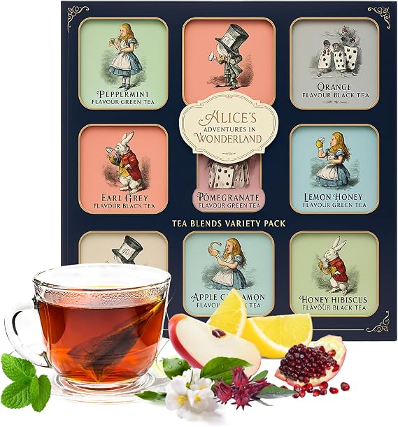 Assorted Tea Gifts for Women - Alice Adventures 9 x 36g Assorted Flavor Green Tea Variety - Total 36 Tea Bags. Great Gifts for Women, Men Stocking Fillers, Christmas Eve Box Fillers