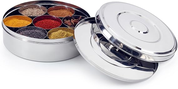 7114 Spice Box/Masala Dabba with 7 Comparments and 2 Stainless Steel Lids, 18cm, Silver, 18 cm