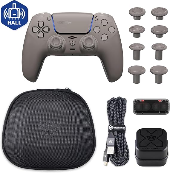HEXGAMING ULTIMATE PRO Wireless Controller für ps5/PC/Mobile Elite Gamepad mit 6 Remap Profie & 4 Rückpaddles & Instant Triggers & Hall-Effekt Stick Modul & 8 Swap Joysticks-Grau