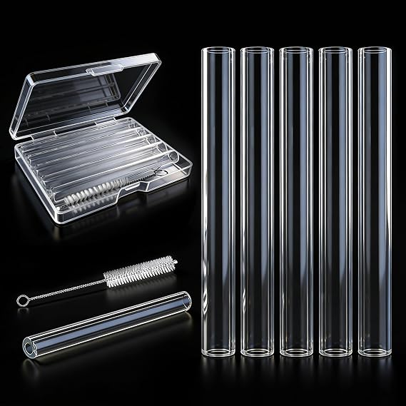 Reusable Clear 4"(100mm) Glass Blowing Tubes :Pipe Length:4Inches: OD-12MM: Wall Thickness :2MM, 5Pcs Glass Tubing Blowing Pipes + Cleaning Brush + Protect Box