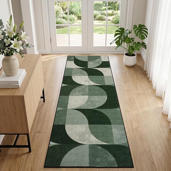 Boho Runner Rugs for Hallway 60×180 cm, Green Checkered Washable Hall Carpet Runners, Kitchen Mat Non Slip, Soft Short Pile Rug for Bedroom Laundry Entryway Bathroom Non Shedding