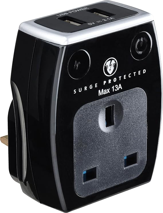 Masterplug Single Socket Surge Protected Power Adaptor with Two USB Charging Points, Polished Black