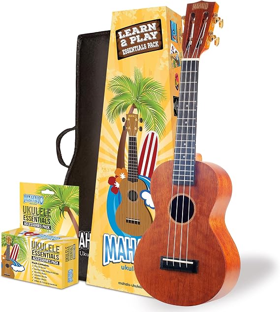 Mahalo Java Series Concert Ukulele Beginners Kit - Ukulele for Kids &amp; Adults with Guide, Carry Case, Clip-on Tuner, Spare String Set &amp; Picks,#39;Learn 2 Play' Instruments Bundle, Brown