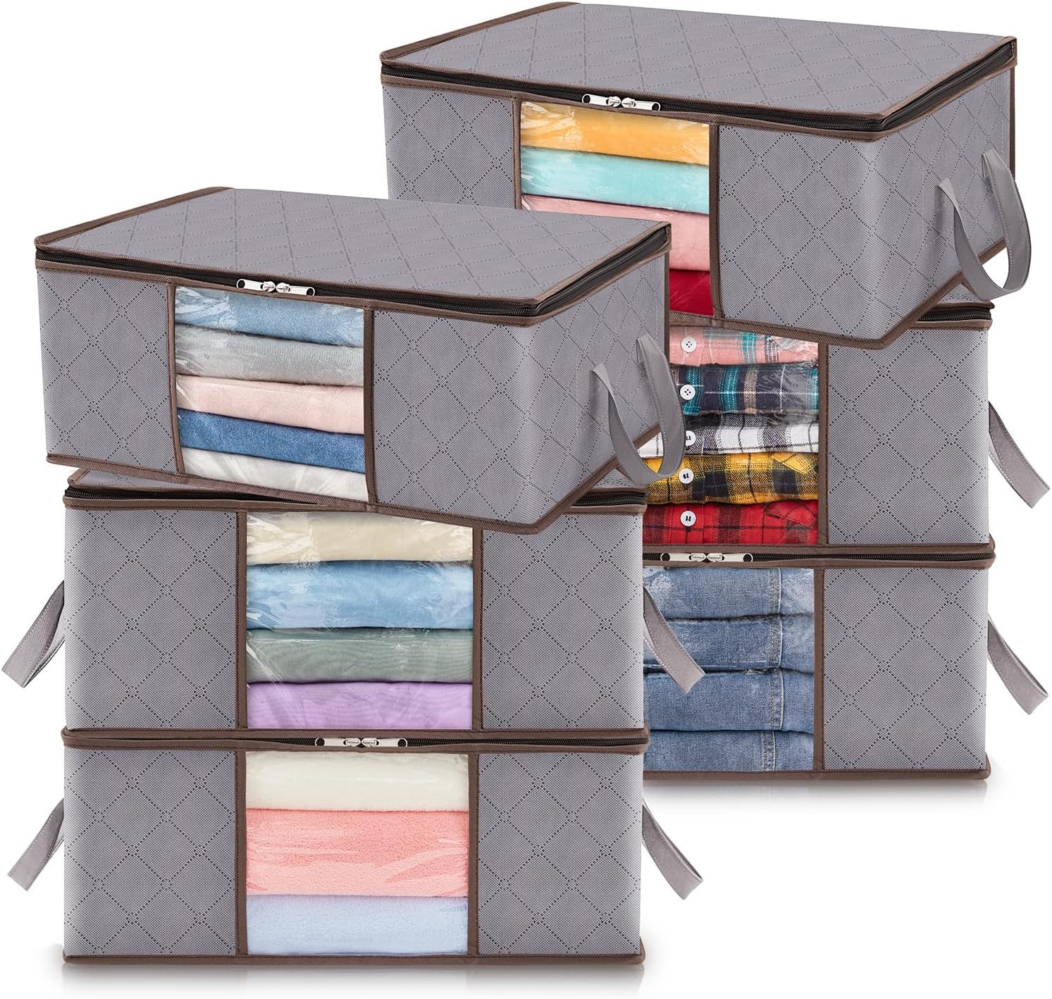Lifewit Clothes Storage Bag, Foldable Storage Bin, Closet Organizer with Reinforced Handles, Durable Fabric, Clear Window for Towels, Sweaters, T-Shirts, 35L Light Grey, 6 Pack